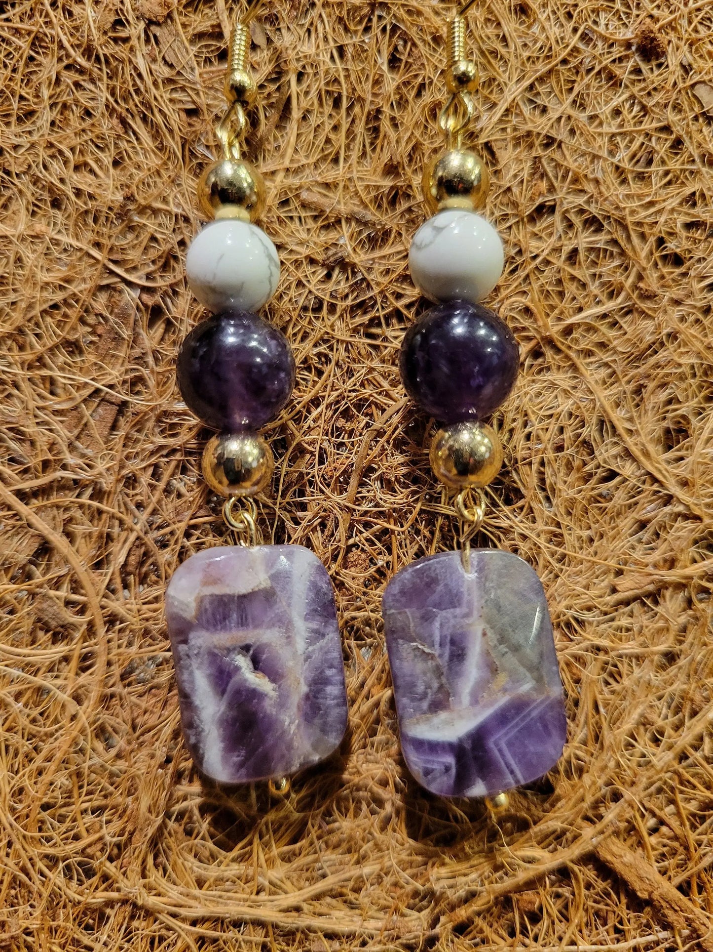 Amethyst and howlite dangle earrings, crown chakra earrings - Bead From The Heart Creations
