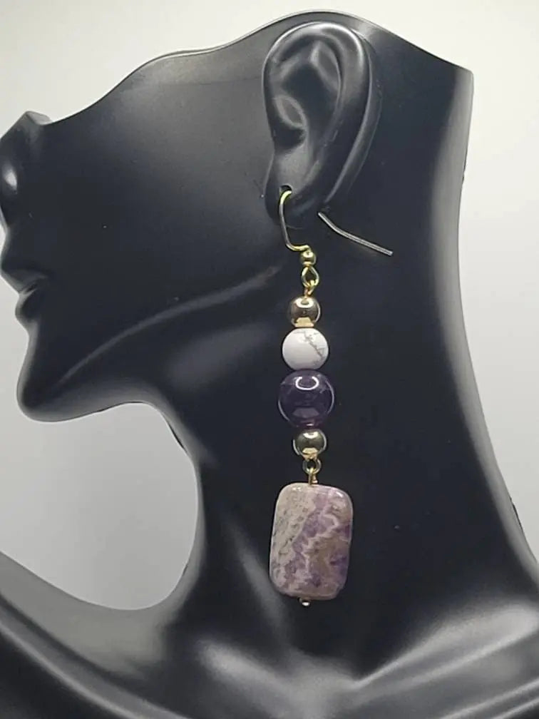 Amethyst and howlite dangle earrings, crown chakra earrings - Bead From The Heart Creations