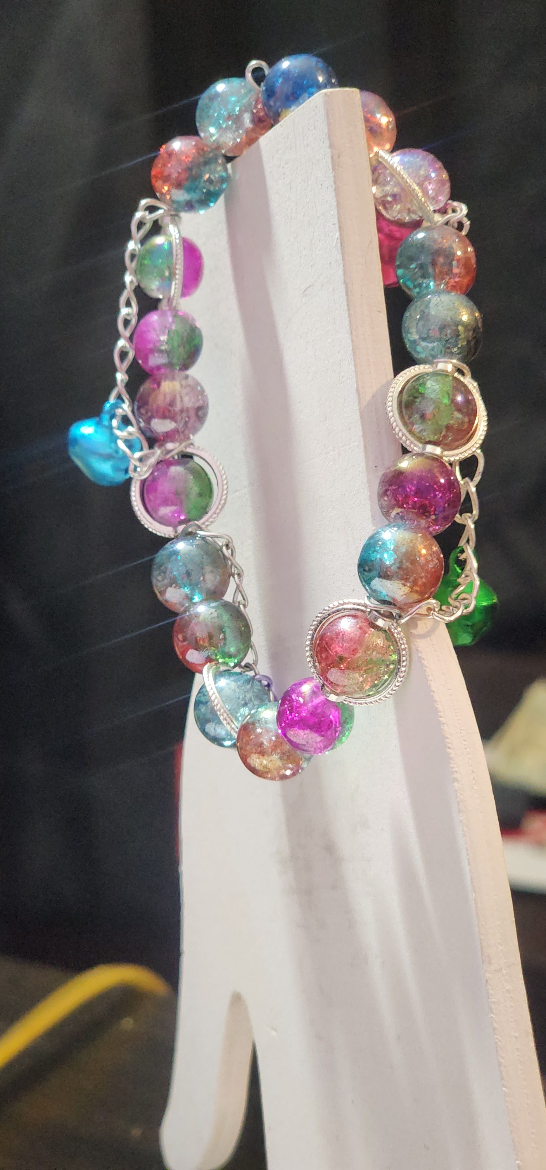 Silver Chained Rainbow Stretch Bracelet with Bells Bead From The Heart Creations