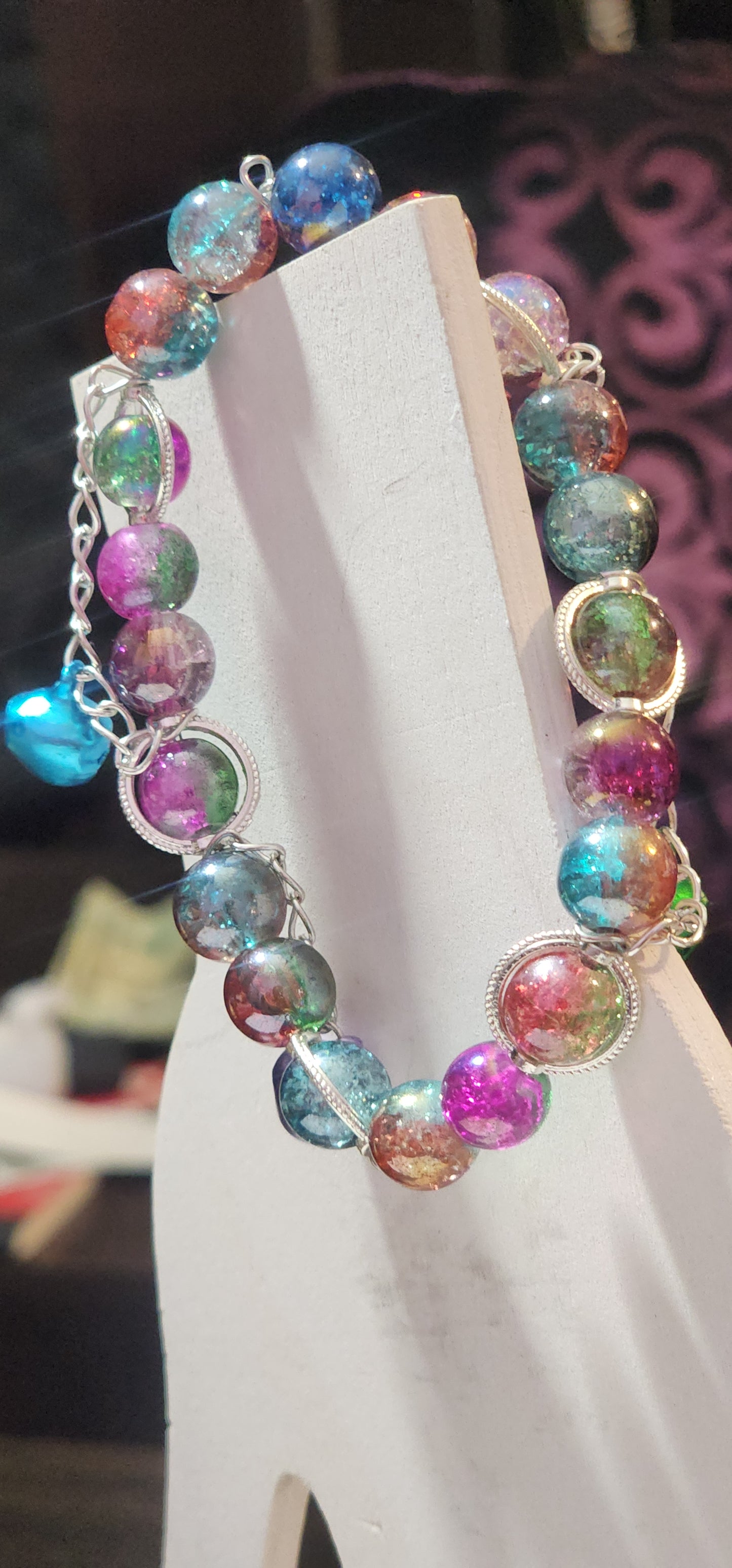 Silver Chained Rainbow Stretch Bracelet with Bells Bead From The Heart Creations