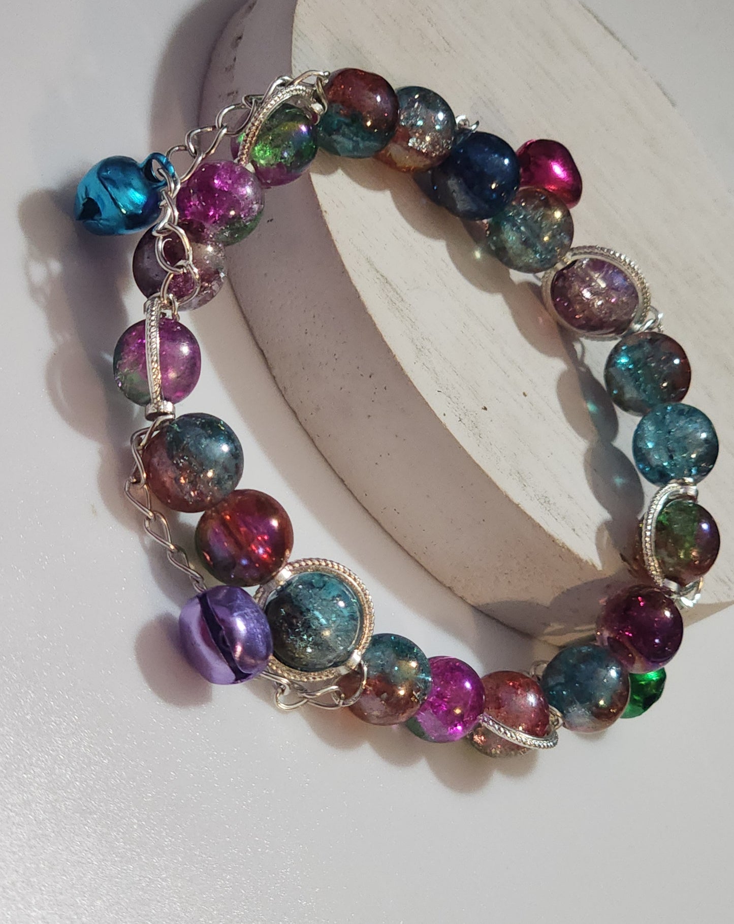 Silver Chained Rainbow Stretch Bracelet with Bells Bead From The Heart Creations