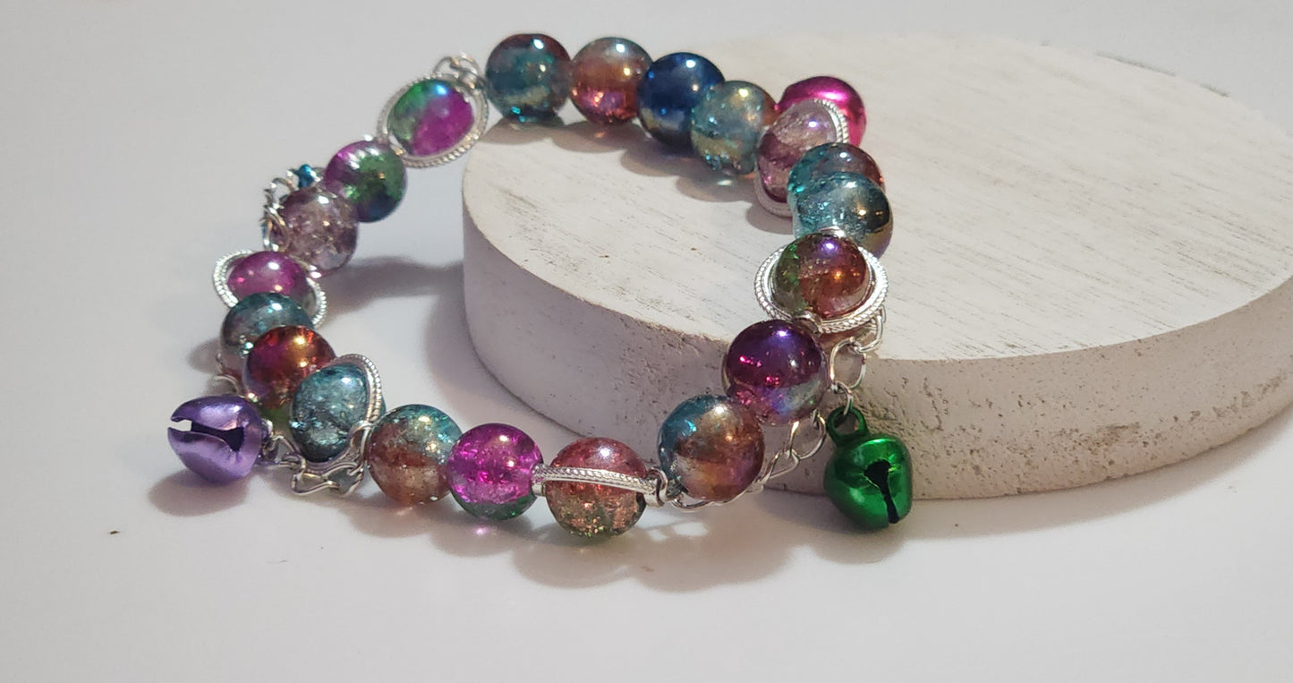 Silver Chained Rainbow Stretch Bracelet with Bells Bead From The Heart Creations