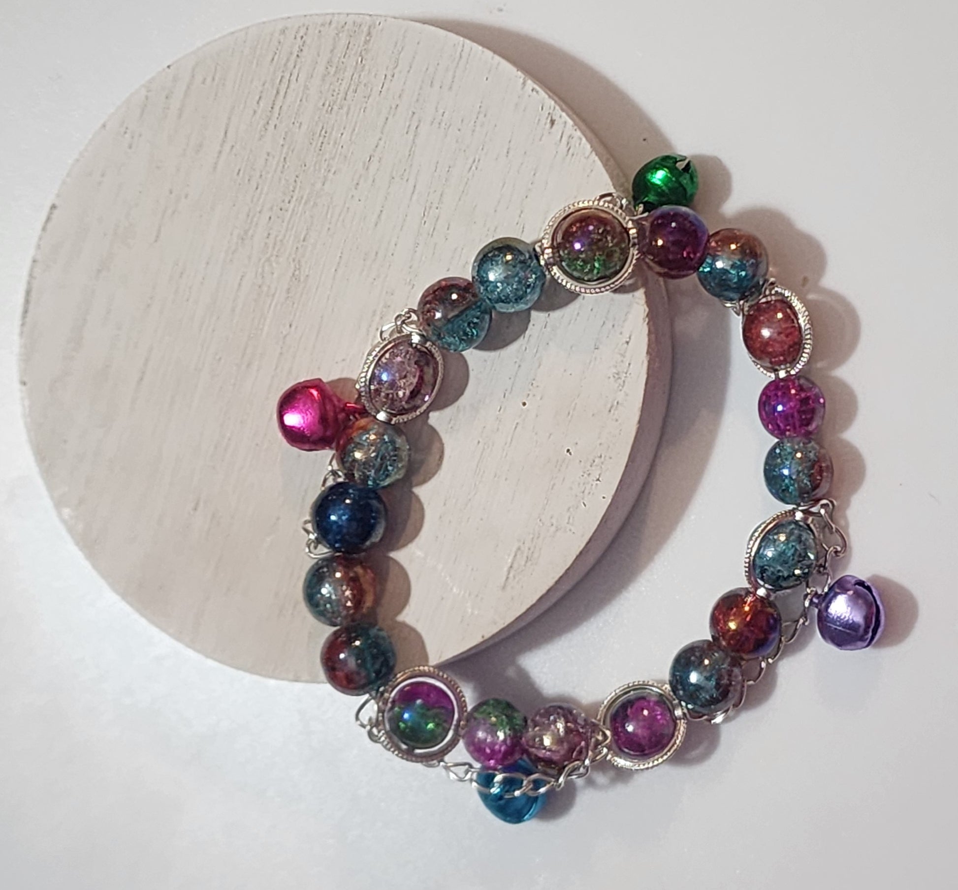 Silver Chained Rainbow Stretch Bracelet with Bells Bead From The Heart Creations