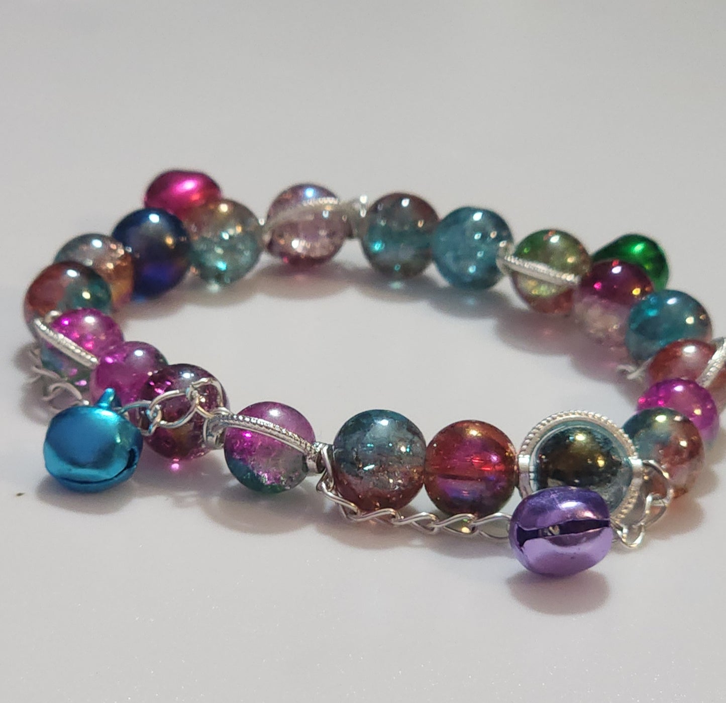 Silver Chained Rainbow Stretch Bracelet with Bells Bead From The Heart Creations