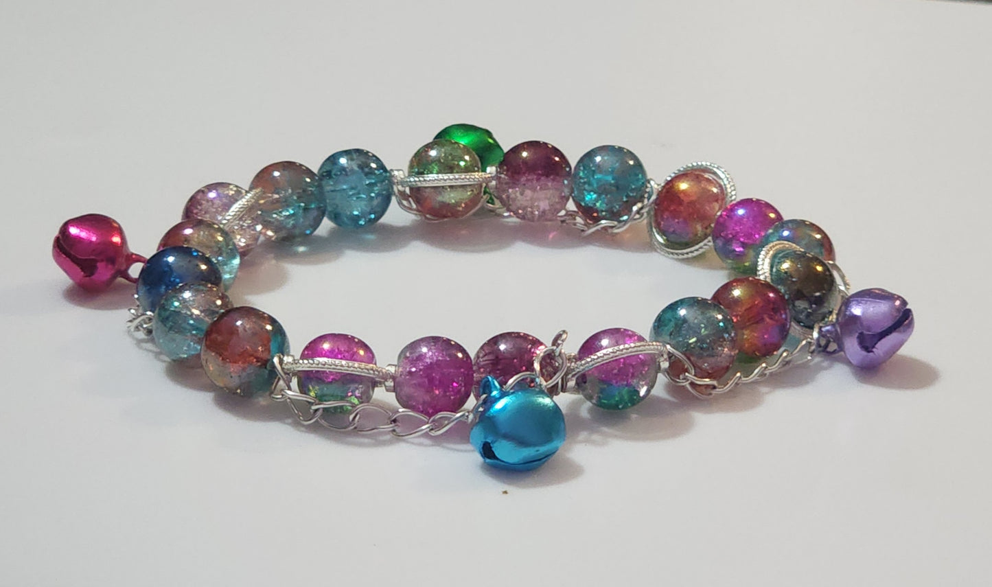 Silver Chained Rainbow Stretch Bracelet with Bells Bead From The Heart Creations