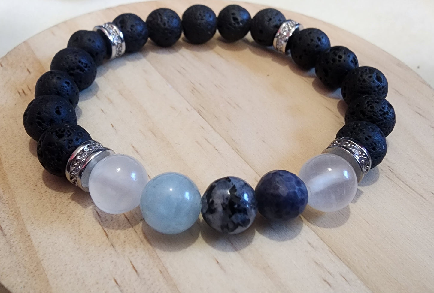 Moonstone, sapphire,  aquamarine, selenite, lava stone Bead From The Heart Creations