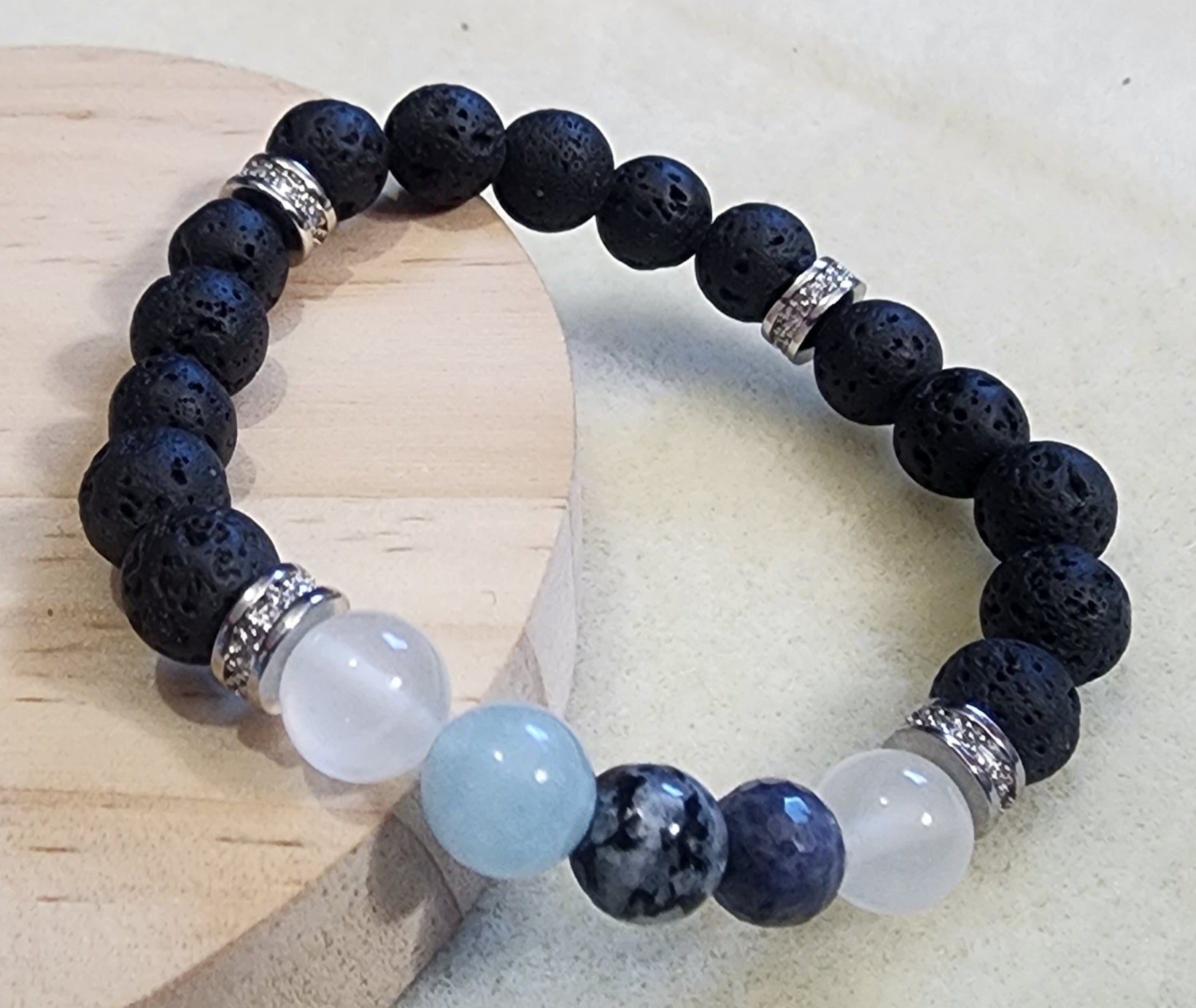 Moonstone, sapphire,  aquamarine, selenite, lava stone Bead From The Heart Creations