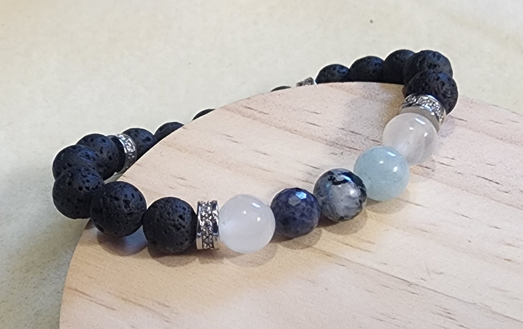 Moonstone, sapphire,  aquamarine, selenite, lava stone Bead From The Heart Creations