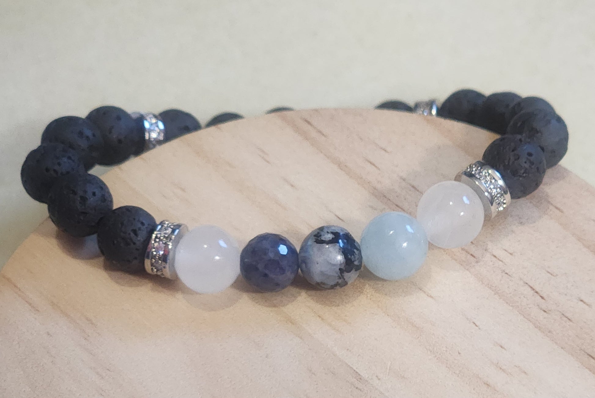 Moonstone, sapphire,  aquamarine, selenite, lava stone Bead From The Heart Creations