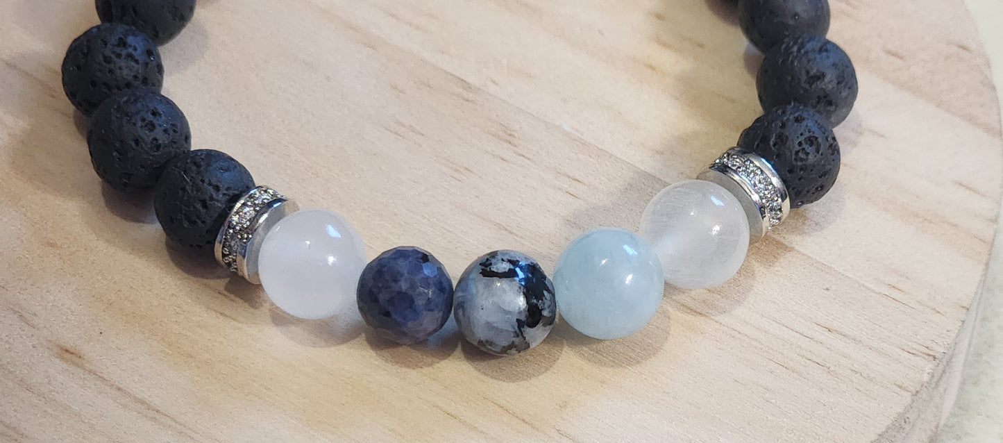 Moonstone, sapphire,  aquamarine, selenite, lava stone Bead From The Heart Creations