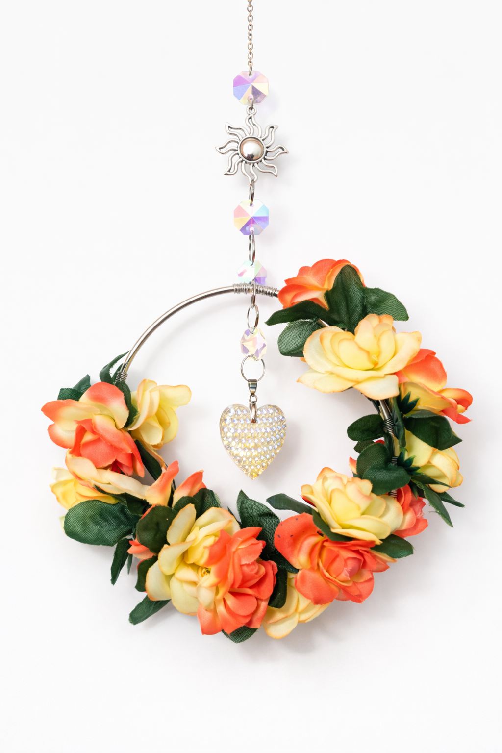 Handmade floral crystal suncatcher with heart charm for everyday home décor