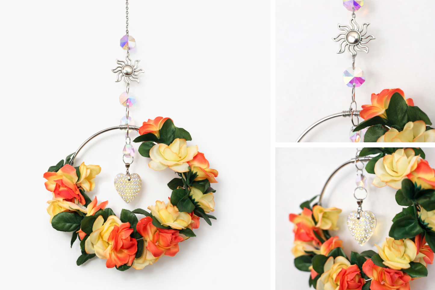 Crystal heart charm and floral wreath detail on handmade suncatcher