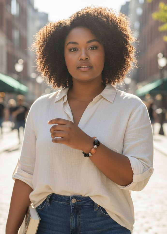 Earth & Shadow Balance Bracelet – Black Obisidian, Picture Jasper & Fossil Stone Bead From The Heart Creations