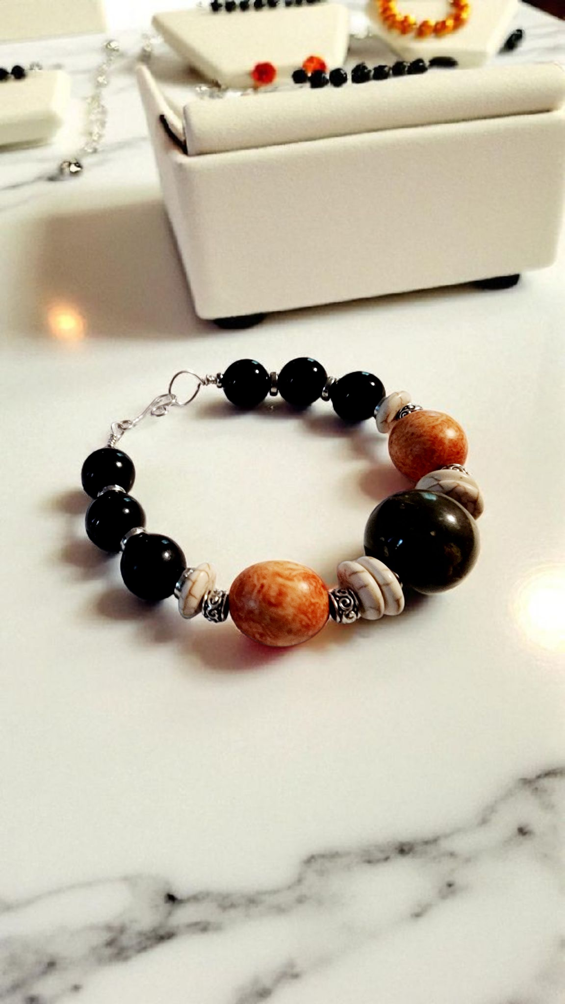 Earth & Shadow Balance Bracelet – Black Obisidian, Picture Jasper & Fossil Stone Bead From The Heart Creations