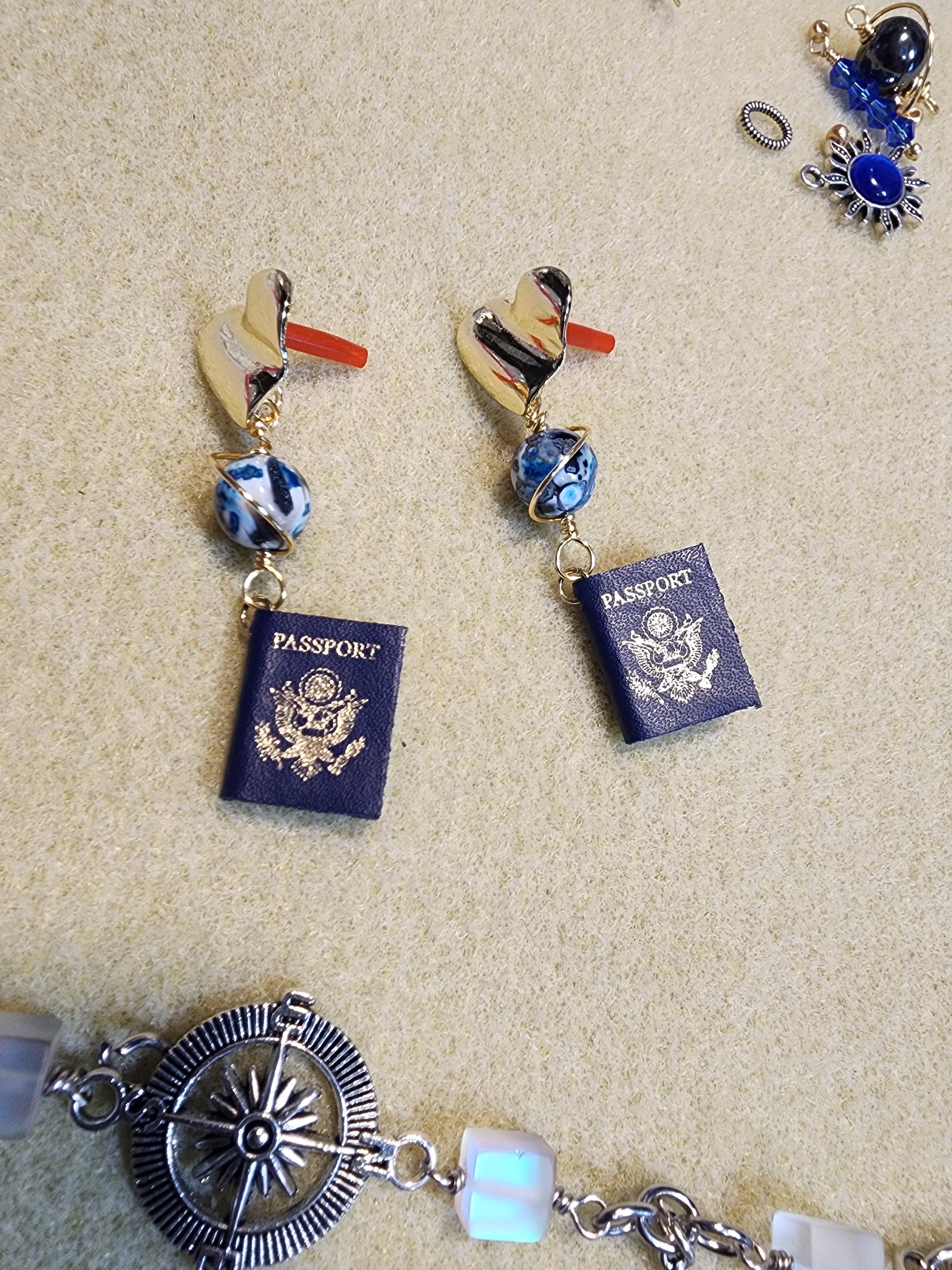 Explore the World Earrings with Passport and Heart Earring Findings Bead From The Heart Creations