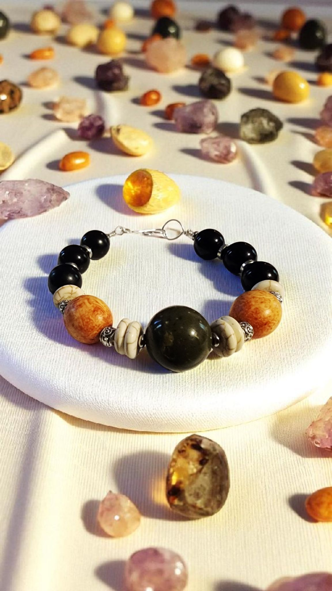 Earth & Shadow Balance Bracelet – Black Obisidian, Picture Jasper & Fossil Stone Bead From The Heart Creations